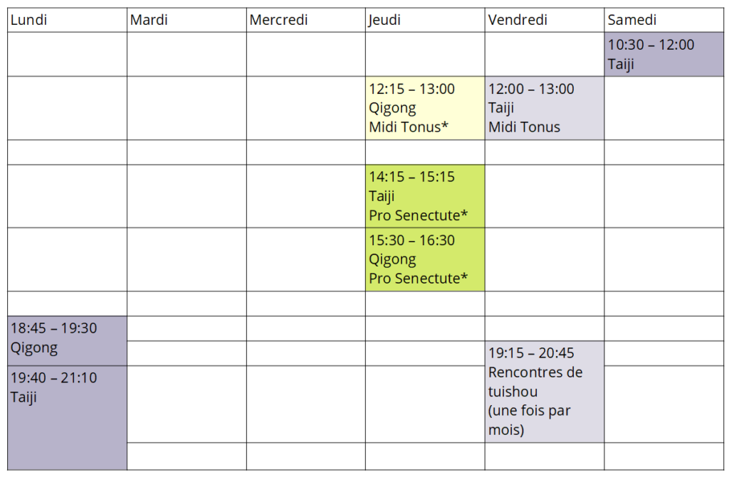 Horaire des cours de Wanbu Taiji